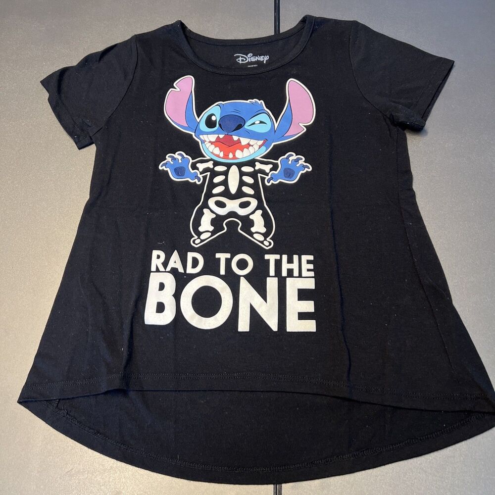 Disney Stitch Halloween Skeleton Girls Black T-shirt Large (14)